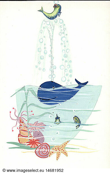 literature  illustrations  whale letting fish leap on his air jet  draft for an unpublished storybook  unknown artist  Germany  1950s