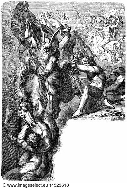 literature  nordic legend  fight of the Aesir against the Vanir  wood engraving after drawing by Karl Ehrenberg  1887