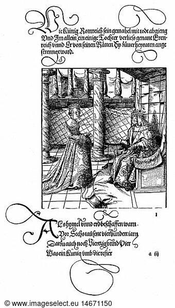 literature  'Theuerdank' by Emperor Maximilian I  edited by Melchior Pfitzing  1517  woodcut  figure  Duke Charles 'the Bold' of Burgundy with his daughter Mary  printed by Hans Schoensperger  Augsburg  1519