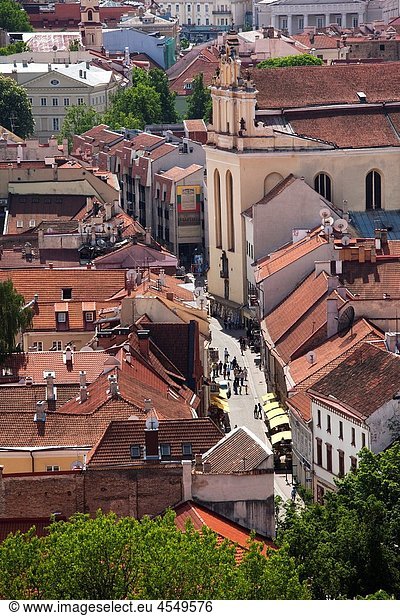 Lithuania  Vilnius  Gediminas Hill elevated view of Old Town and Pilies gatve street