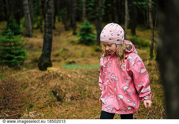 Little blond girl in coniferous forest