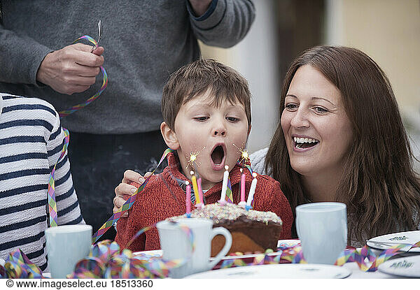 Little boy blowing out candles on his cake at his birthday party  Bavaria  Germany