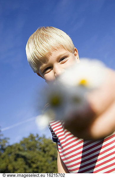 Little boy (4-5) holding daisies