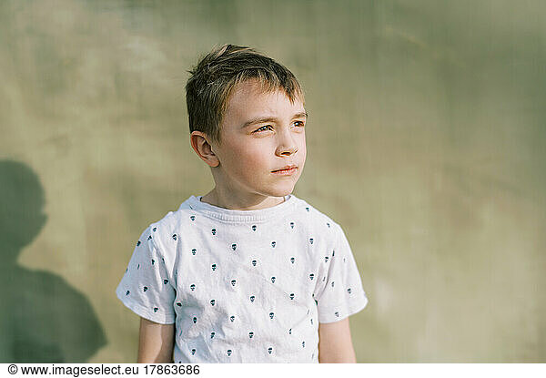 Little boy in sunlight on a green background outside