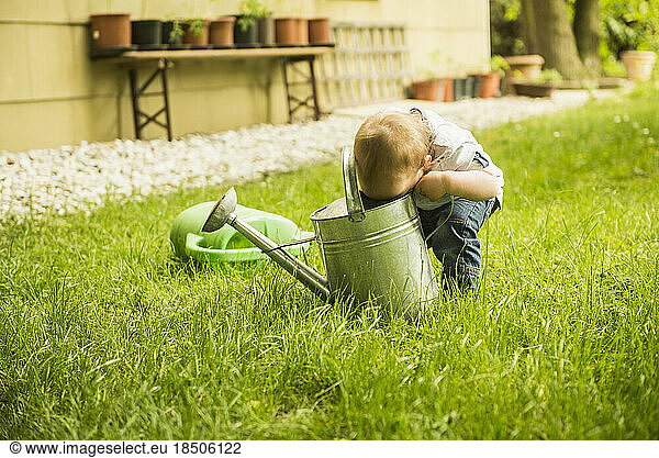 Little boy looking into watering can at garden