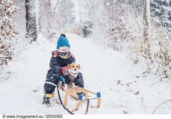 Little boy with his dog on a sledge in snow