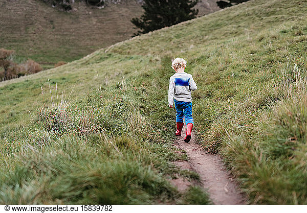Little curly haired boy walking on a hillside path