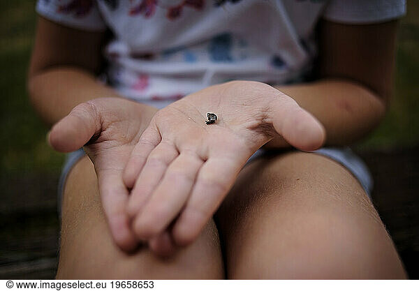 Little girl holding baby snail in hands