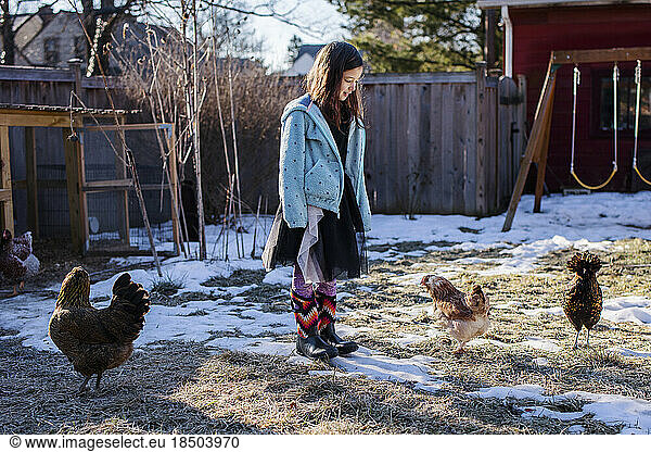 Little girl in fancy dress and winter boots looks down at chickens