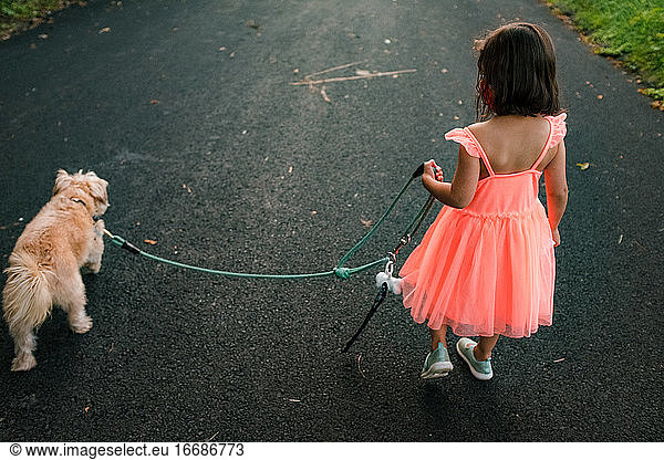 little girl in orange dress walks dog from behind