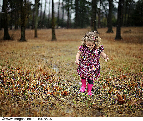 Little girl in pink dress and boots walking through field in fall
