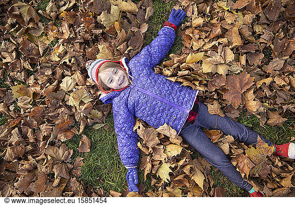 Little girl playing in the leaves in a park in Vienna  Austria.