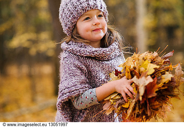 Little girl with handful of autumn leaves