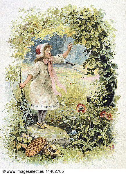 Little Red Riding Hood in the woods on her way to see her grandmother. French trade card c1900 illustrating the fairy tale by the French author Charles Perrault (1628-1703). Literature Juvenile Chromolithograph