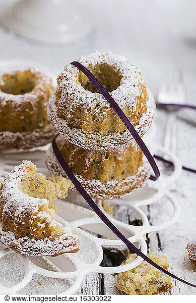 Little ring cakes made from nuts strewed with powdered sugar  studio shot