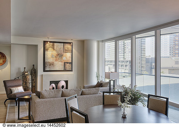 Living room and dining room in luxury highrise apartment