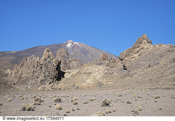 Llano de Ucanca in El Teide National Park under clear blue sky on sunny day  Tenerife  Canary Islands  Spain