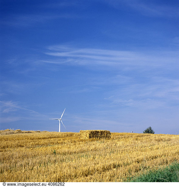 Lobenstein Thuringia Germany harvested grain field with wind power plant