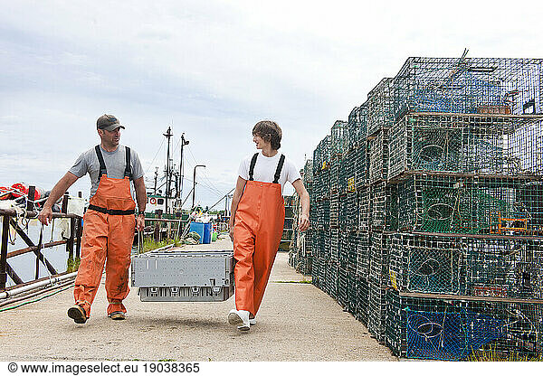Lobstermen carry catch along the wharf