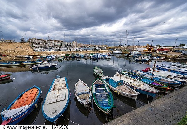 Local fisherman's boats at the marina in Syracuse city  southeast corner of the island of Sicily  Italy.