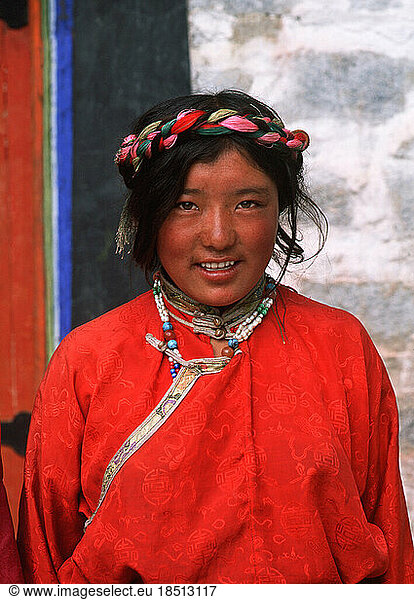Local woman in countryside of Tibet China in native dress