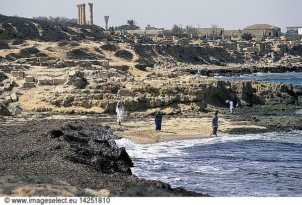 Locals at the Roman ruins of Sabratha,  Libya,  North Africa,  Africa