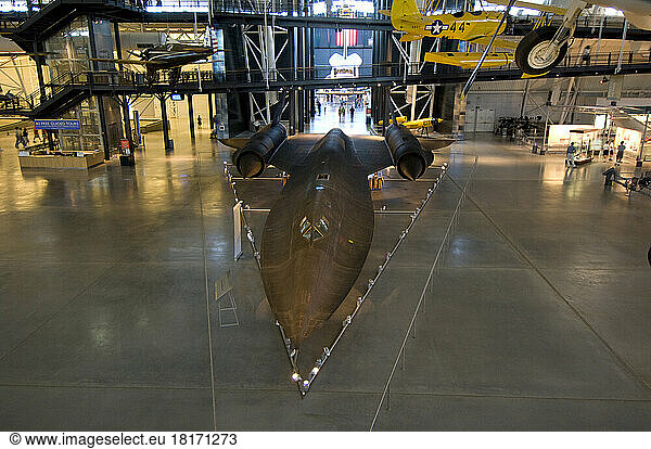 Lockheed SR-71 Blackbird in a hangar at the National Air and Space Museum  Steven F. Udvar Hazy Center in Chantilly  Virginia  USA. All from the new edition to the Air and Space Museum at the Dulles Airport. Shown most was an SR-71 Blackbird  as well as the space shuttle Enterprise; Chantilly  Virginia  United States of America