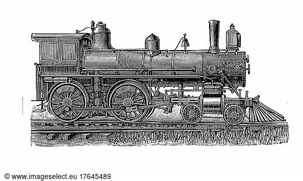 Lokomotiven aus dem 19. Jahrhundert: Amerikanische Schnellzuglokomotive  digital restaurierte Reproduktion einer Originalvorlage aus dem 19. Jahrhundert