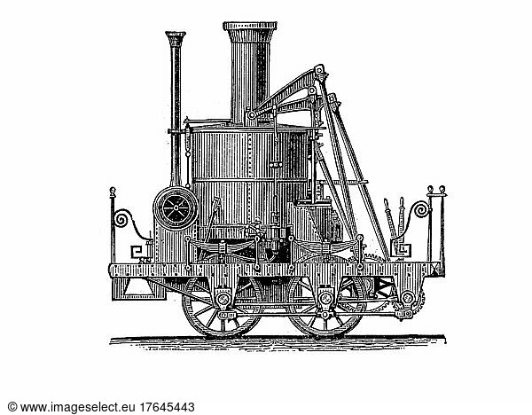 Lokomotiven aus dem 19. Jahrhundert: die Grashoppermaschine Atlantic  1832  digital restaurierte Reproduktion einer Originalvorlage aus dem 19. Jahrhundert