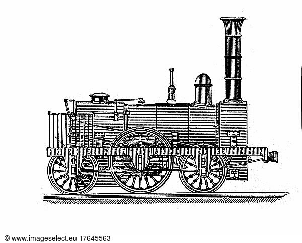 Lokomotiven aus dem 19. Jahrhundert: die Grashoppermaschine Atlantic  1832  digital restaurierte Reproduktion einer Originalvorlage aus dem 19. Jahrhundert