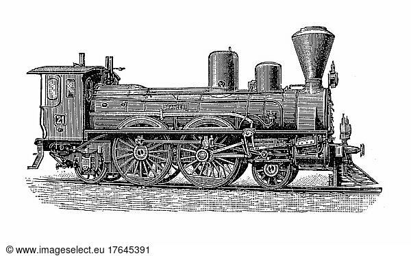 Lokomotiven aus dem 19. Jahrhundert: eine Lokomotive der Österreichischen Bundesbahn  digital restaurierte Reproduktion einer Originalvorlage aus dem 19. Jahrhundert