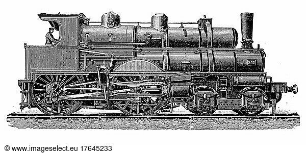 Lokomotiven aus dem 19. Jahrhundert: Lokomotive mit Doppelkessel für die französische Ostbahn  digital restaurierte Reproduktion einer Originalvorlage aus dem 19. Jahrhundert