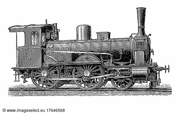 Lokomotiven aus dem 19. Jahrhundert: Personenzuglokomotive der Preußischen Staatsbahn  digital restaurierte Reproduktion einer Originalvorlage aus dem 19. Jahrhundert