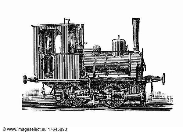 Lokomotiven aus dem 19. Jahrhundert: zweiachsige Lokomotive für Schmalspur  digital restaurierte Reproduktion einer Originalvorlage aus dem 19. Jahrhundert