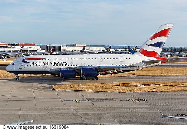 London  1 August 2018: A British Airways Airbus A380-800 with registration mark G-XLEB at Heathrow Airport (LHR) in the United Kingdom  United Kingdom  Europe