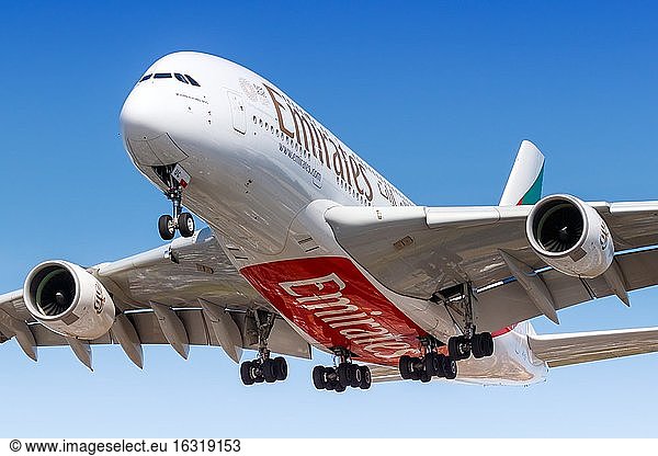 London  August 1  2018: An Emirates Airbus A380-800 with registration mark A6-EUC lands at Heathrow Airport (LHR) in the United Kingdom  United Kingdom  Europe