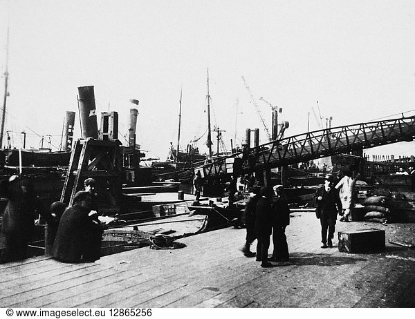 LONDON: BILLINGSGATE  c1915. View of the wharf at Billingsgate  London  England  where fishing boats delivered their catch straight to market. Photographed c1915.