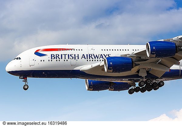 London  31 July 2018: A British Airways Airbus A380-800 with registration mark G-XLEF lands at Heathrow Airport (LHR) in the United Kingdom  United Kingdom  Europe