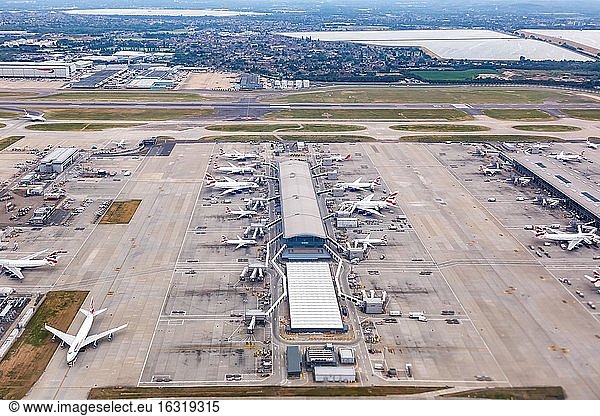 London  10 July 2019: Aerial view of Terminal 5C at Heathrow Airport (LHR) in the United Kingdom  United Kingdom  Europe