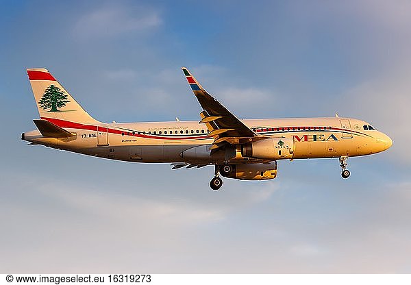 London  31 July 2018: An Airbus A320 of MEA Middle East Airlines with registration mark T7-MRE lands at Heathrow Airport (LHR) in the United Kingdom  United Kingdom  Europe