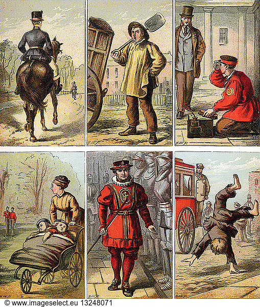 London street scenes. Groom: Dustman: Bootblack: Nursemaid (eyeing up soldiers): Beefeater: Boy turning somersaults for pennies. Illustrations by Horace William Petherick (1839-1919) for a children's book published London  c1875. Chromolithograph.