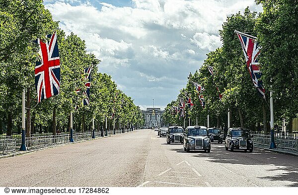 London taxis on the street The Mall with lined up Great Britain flags  in the back Buckingham Palace  City of Westminster  London  England  Great Britain