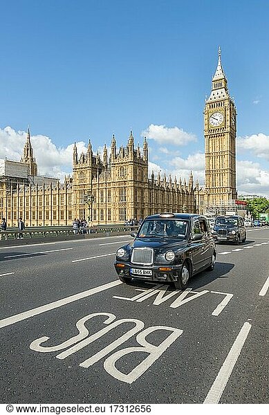 London taxis on Westminster Bridge  Palace of Westminster  Houses of Parliament  Big Ben  City of Westminster  London  England  United Kingdom  Europe