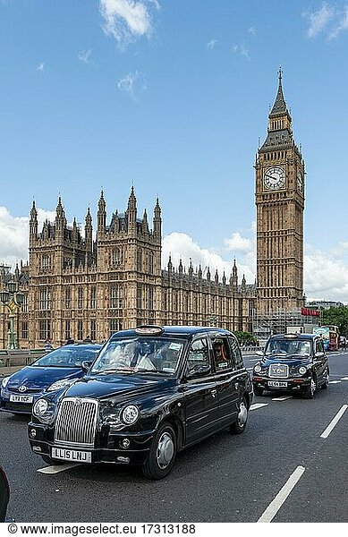 London taxis on Westminster Bridge  Palace of Westminster  Houses of Parliament  Big Ben  City of Westminster  London  England  United Kingdom  Europe