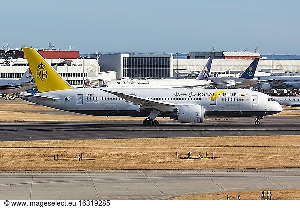 London  with registration number V8-DLD at Heathrow Airport (LHR) in the United Kingdom  United Kingdom  1 August 2018: A Boeing 787-8 Dreamliner aircraft of Royal Brunei  Europe