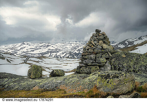 Lone cairn in Sognefjellet mountains