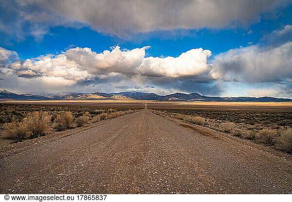 lonely dirt road on a cloudy day in Nevada