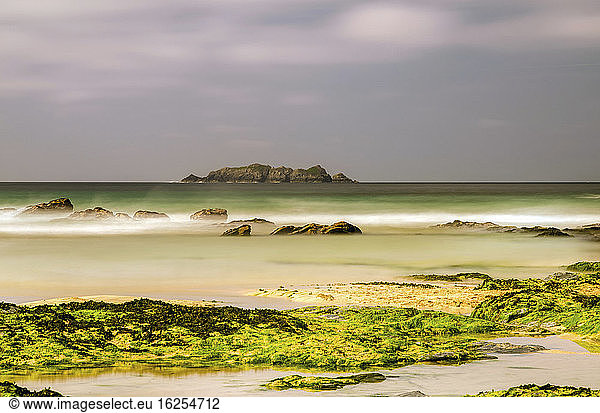 Long exposure of a Cornish beach at Constantine Bay; Newquay  Cornwall  England