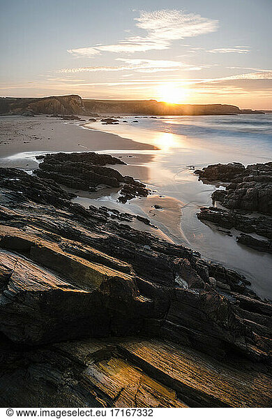 Long exposure of coastal beach at sunset  Asturias  Spain