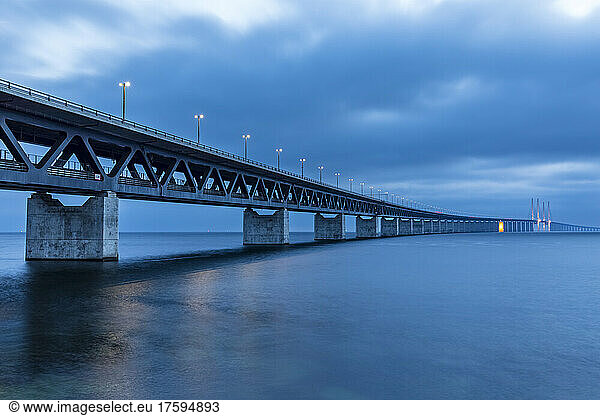 Long exposure ofÂ Oresund Bridge at dusk